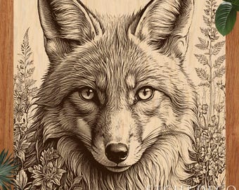 Fox in Flowers Laser Burn PNG, Rustic Nature Engraving File, Wood Etching Design, Glowforge xTool LightBurn cnc ready file, cutting board