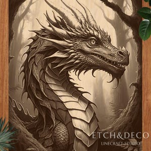 May include: Sepia-toned illustration of a dragon's head and upper body, set against a forest backdrop. The dragon features detailed scales, horns, and a sharp gaze. The artwork includes the text "ETCH & DECO" and "LINECRAFT STUDIO".