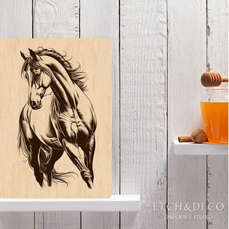 May include: A wooden sign featuring a detailed illustration of a running horse in shades of brown. The horse is depicted with flowing mane and muscular build. The sign is displayed on a white shelf against a white wooden background.