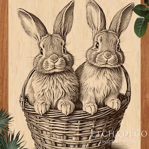 May include: A sepia-toned illustration of two rabbits sitting in a woven basket. The rabbits have long ears and fluffy fur. The basket is intricately woven. The image has a vintage, rustic feel, suitable for Easter or spring decor.