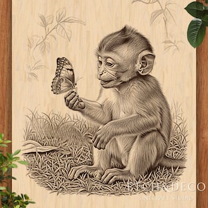May include: A sepia-toned illustration of a monkey seated in grass, looking at a butterfly it holds. The butterfly has detailed wing patterns. The artwork is on a light wood background, with the text "LINE CRAFT STUDIO" visible.