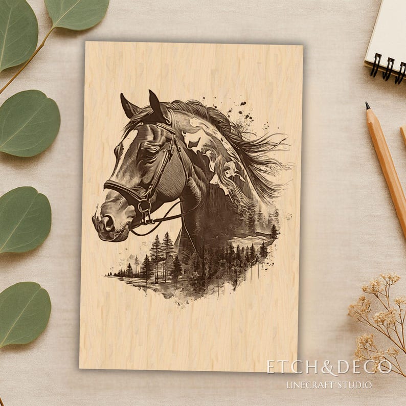 Horse Double Exposure Laser Engraving PNG, Wood Engraving file, Laser Ready File, Glowforge xTool CNC router Lightburn ready, Laser burn PNG image 5