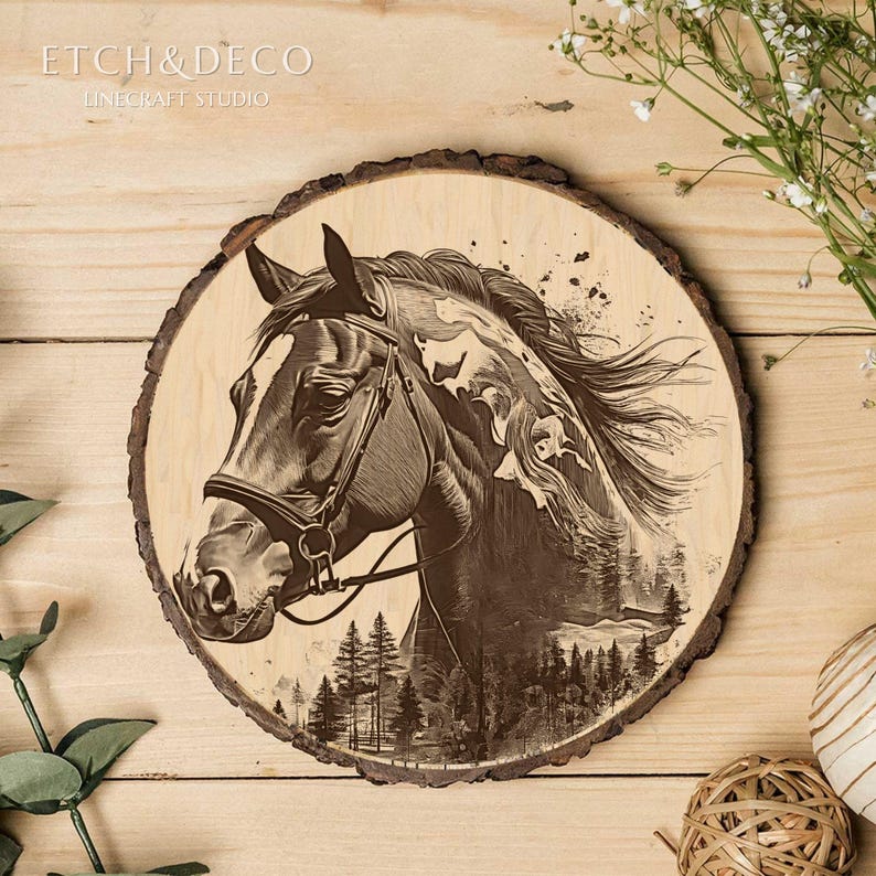 Horse Double Exposure Laser Engraving PNG, Wood Engraving file, Laser Ready File, Glowforge xTool CNC router Lightburn ready, Laser burn PNG image 4