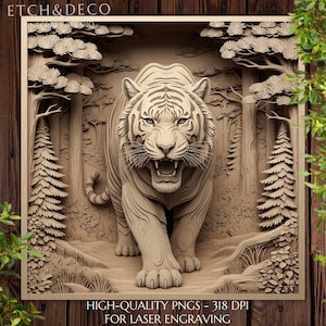 Majestic Tiger in Nature 3D Illusion, Wood Engraving PNG, Laser Burn PNG, CNC Engraving File, Glowforge File, LightBurn File, xTool png