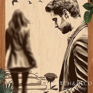 Romantic Goodbye PNG, Laser Burn Engraving Art, Emotional Couple Scene, Rustic Gift for Her or Him, Glowforge LightBurn CNC File, man woman