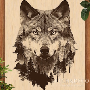 May include: A sepia-toned artwork featuring a wolf's head with a forest scene integrated into its form. The wolf's fur is detailed, and the forest silhouette is visible within the wolf's outline. The text "ETCH & DECO LINECRAFT STUDIO" is at the bottom.