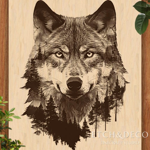 Forest Wolf Wood Engraving File, Laser Burn PNG Design for Glowforge, CNC router file, LightBurn Ready Etching File, Cutting board design