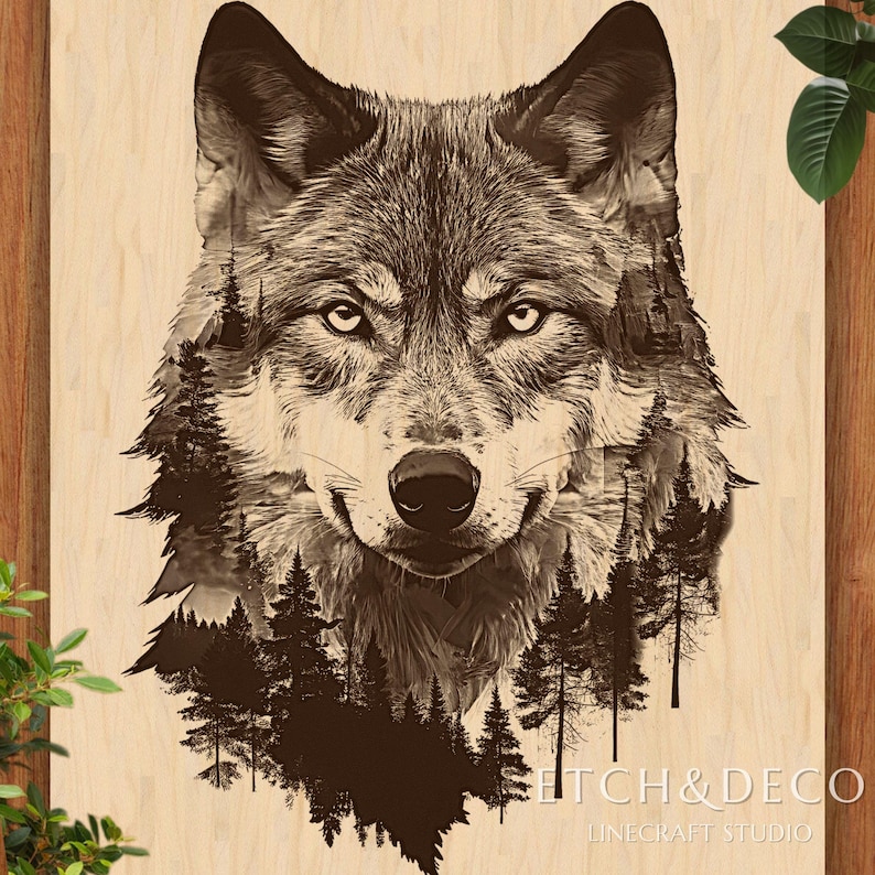 May include: A sepia-toned artwork featuring a wolf's head with a forest scene integrated into its form. The wolf's fur is detailed, and the forest silhouette is visible within the wolf's outline. The text "ETCH & DECO LINECRAFT STUDIO" is at the bottom.