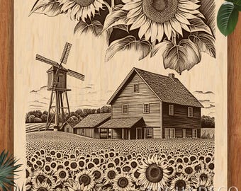 Sunflower Field PNG, Laser Engraving PNG, Laser Burn File, Etching Wood Art, CNC Files for Wood, Farm Cutting Board Design Wood burning file
