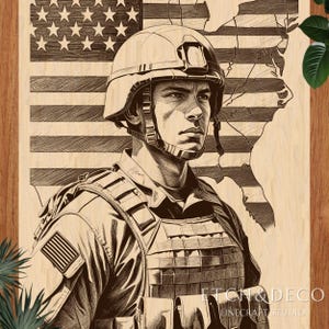 May include: A wood-burned artwork depicting a soldier in uniform, set against an American flag and a map of the United States. The soldier is wearing a helmet and tactical gear. The artwork is in shades of brown and tan, with the text "ETCH & DECO LINECRAFT STUDIO" at the bottom.