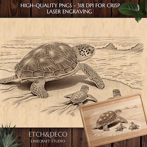Puede incluir: Grabado láser detallado de una tortuga marina y sus crías en una playa arenosa, con olas del océano al fondo. La imagen incluye el texto "HIGH-QUALITY PNGS - 318 DPI FOR CRISP LASER ENGRAVING" y "ETCH&DECO LINECRAFT STUDIO".