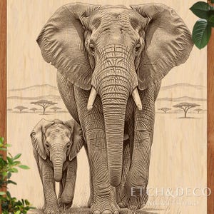 May include: A detailed wood-burned artwork depicting an adult elephant and a calf walking forward. The artwork is in shades of brown and beige, with a savanna landscape in the background. The text "ETCH & DECO" is visible in the lower right corner.