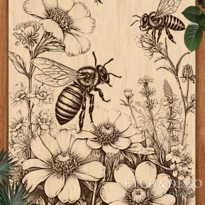 May include: A wooden panel featuring a detailed engraving of bees and flowers. The artwork showcases several bees amidst various floral elements, all rendered in a monochromatic style. The design includes the text "ETCH & DECO" at the bottom right.