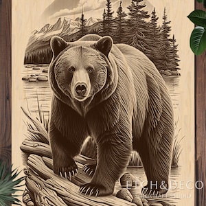 Grizzly Bear Laser Engraving PNG, River Nature Scene, Laser Ready File, Digital Cut File, Art for Glowforge xTool CNC, Laser Burn Design