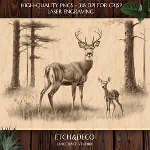 Pode incluir: Ilustração em tons sépia de um veado e um veadinho num cenário florestal. O veado, com grandes chifres, destaca-se, enquanto o veadinho está ao lado. A imagem inclui o texto "HIGH-QUALITY PNGS - 318 DPI FOR CRISP LASER ENGRAVING" e "ETCH&DECO LINECRAFT STUDIO".