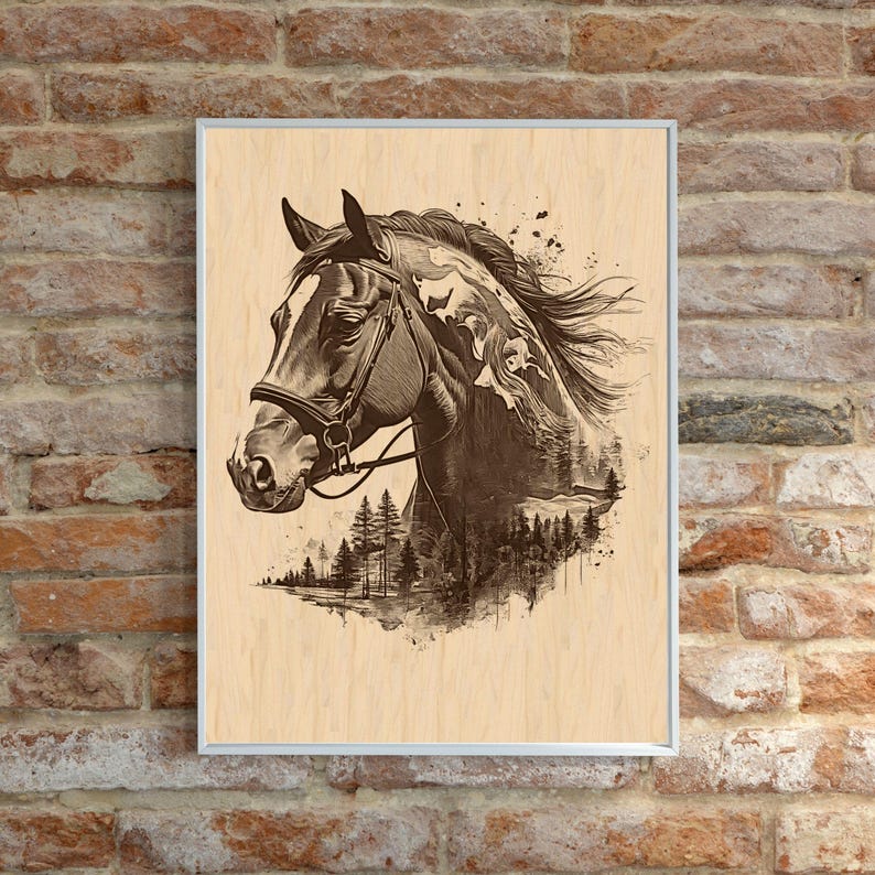 May include: A framed sepia-toned artwork featuring a horse's head in profile. The horse is wearing a bridle, and the background incorporates a forest scene. The artwork is displayed in a silver frame against a light wood grain background.