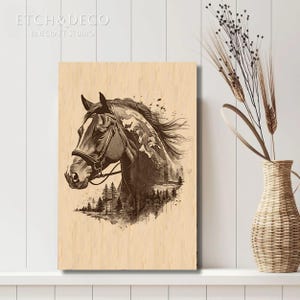 May include: Wooden wall art featuring a detailed sepia-toned illustration of a horse's head with a bridle. The artwork incorporates a forest scene within the horse's mane and is set against a light wood grain background. The text "ETCH & DECO LINEART STUDIO" is at the top.