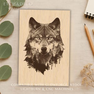 May include: Wooden art piece featuring a detailed illustration of a wolf's face, with a forest scene incorporated into the design. The artwork is in shades of brown and gray, with the text "ETCH&DECO LINECRAFT STUDIO" at the top and "COMPATIBLE WITH GLOWFORGE, XTOOL, LIGHTBURN & CNC MACHINES" at the bottom.