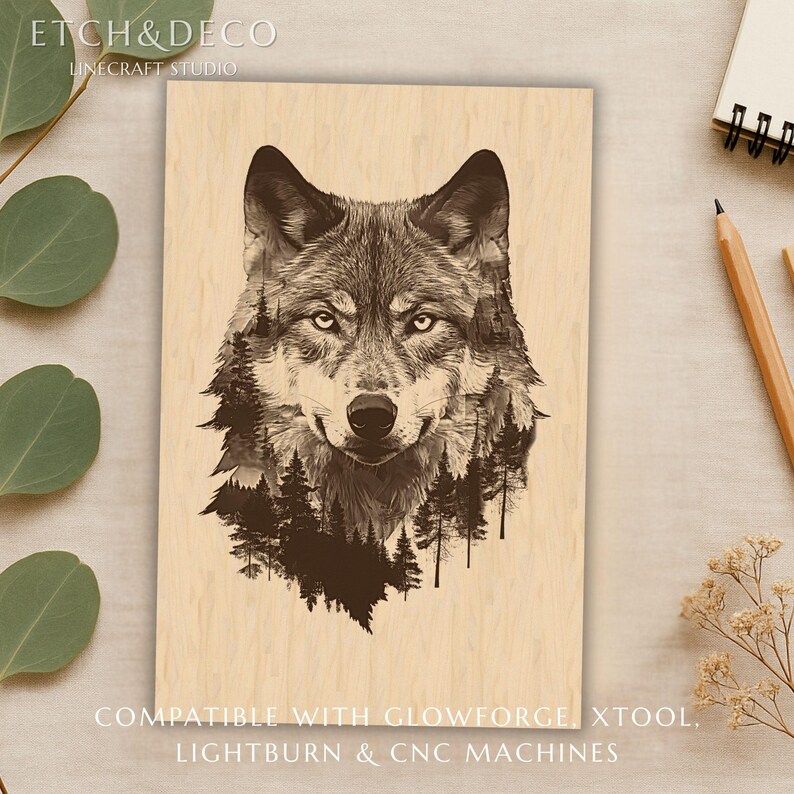 May include: Wooden art piece featuring a detailed illustration of a wolf's face, with a forest scene incorporated into the design. The artwork is in shades of brown and gray, with the text "ETCH&DECO LINECRAFT STUDIO" at the top and "COMPATIBLE WITH GLOWFORGE, XTOOL, LIGHTBURN & CNC MACHINES" at the bottom.