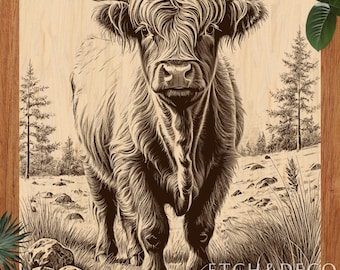 Highland Cow Laser Burn PNG, Wood Engraving File, Rustic Farm Decor, Glowforge LightBurn CNC Etching Design cow, laser file, rustic gift png