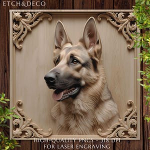 Puede incluir: Un relieve de madera de un perro pastor alemán, enmarcado con adornos ornamentados. El perro está representado en detalle, con la lengua ligeramente fuera. La imagen incluye el texto "ETCH&DECO" y "HIGH-QUALITY PNGS - 318 DPI FOR LASER ENGRAVING".