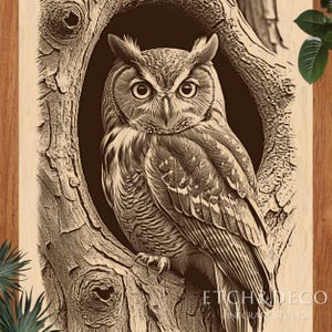 May include: A detailed wood carving of a great horned owl perched in a tree hollow. The owl has large, expressive eyes and intricate feather details. The artwork is in shades of brown and tan, with the text "ETCH & DECO FINE CRAFT STUDIO" in the lower right corner.