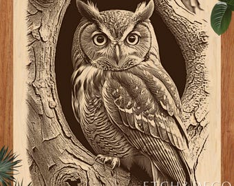 Great Horned Owl Laser Burn PNG, Etching Engraving File, Wildlife Cutting Board Art, Glowforge CNC Wood File, Rustic Nature Gift