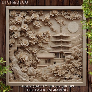 Puede incluir: Tallado en relieve de madera detallado de una pagoda japonesa, flores y paisaje. La obra de arte está enmarcada y presenta detalles intrincados, incluyendo una pagoda de varios niveles, flores florecientes y una luna llena. El texto "HIGH-QUALITY PNGS - 318 DPI FOR LASER ENGRAVING" está en la parte inferior.