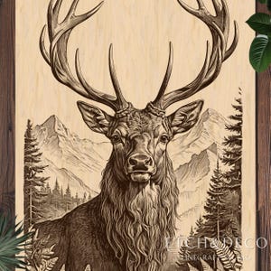 Mountain Deer Laser Engraving PNG, Rustic Wood Gift Design, Digital Laser Cut File, Glowforge xTool LightBurn CNC Ready, wildlife engraving