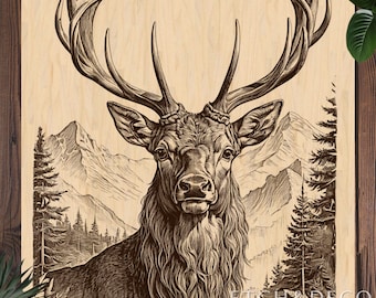 Mountain Deer Laser Wildlife Engraving PNG, Rustic Wood Gift Design, Laser Burn Wood Etching File, Glowforge, xTool, LightBurn, CNC Ready