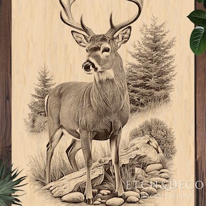 Op de afbeelding: Een gedetailleerde houtgebrand afbeelding van een hert met groot gewei, staand in een boslandschap. Het kunstwerk staat op een lichtgekleurd houten paneel, met de tekst "ETCH & DECO" en "CRAFT STUDIO" rechtsonder.