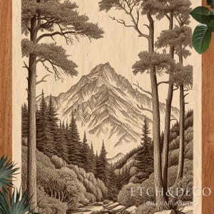 May include: A detailed wood-burned landscape art piece featuring a mountain range, trees, and a river. The artwork is in shades of brown and tan, with the text "ETCH&DECO LINECRAFT STUDIO" at the bottom right.