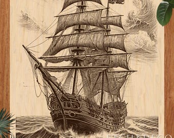 May include: A detailed black and white illustration of a tall sailing ship on a wooden surface. The ship has multiple sails and a skull and crossbones flag. The waves are rough, and the text "ETCH & DECO" is visible.