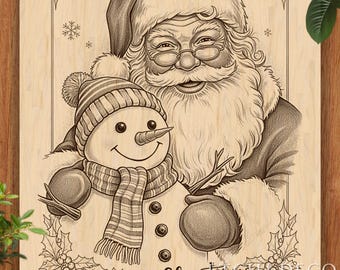 Santa and Snowman Wood Engraving File, Christmas laser burn Design for Glowforge, xTool, CNC, LightBurn Ready Etching File Wood burning file