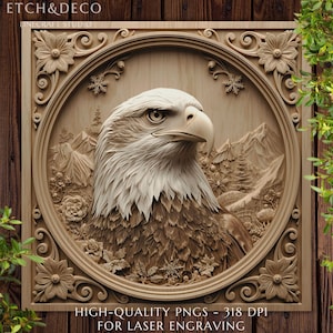 May include: A detailed wooden carving of a bald eagle's head and upper body, set within a circular frame. The eagle is depicted with white feathers on its head and neck, and brown feathers on its body. The frame is surrounded by floral and scrollwork designs. The text "HIGH-QUALITY PNGS - 318 DPI FOR LASER ENGRAVING" is at the bottom.