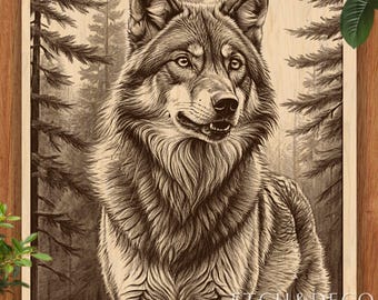Wolf Hunting in Forest PNG for Wood Engraving, Wildlife Laser Burn File, Wolf Glowforge Etching, CNC router file, xTool LightBurn ready PNG