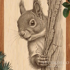Forest Squirrel Laser Engraving PNG, Rustic Wood Burn File, Glowforge xTool Ready Design, Nature CNC Art, LightBurn Etching File