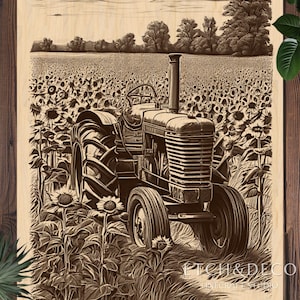 Op de afbeelding: Een sepia-getinte houtsnede van een vintage tractor in een zonnebloemveld. De tractor is het centrale punt, met gedetailleerde weergave van de wielen, motor en cabine. De achtergrond toont een uitgestrekt veld met zonnebloemen en een verre bomenrij.