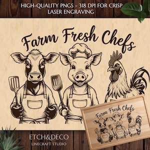 Charcuterie Cutting Board PNG, Chopping Board Laser Engraving File,Funny Farm Kitchen Etching Design, Glowforge xTool CNC, Pig Cow Chicken