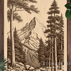 Mountain Landscape PNG for Laser Engraving, Wood Forest Scene Design, Digital Laser Cut File, Glowforge xTool CNC LightBurn Ready