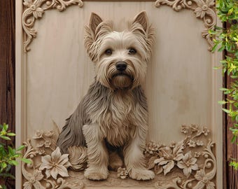 Plik z iluzją 3D przedstawiający psa Yorkshire Terrier do grawerowania laserowego drewna w formacie PNG, gotowy do użycia z narzędziem Glowforge xTool LightBurn, wypalanie laserowe w formacie PNG, plik z routerem CNC