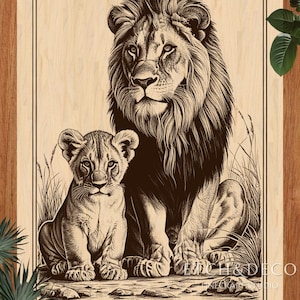 May include: A sepia-toned illustration of a lion and a lion cub. The adult lion has a full mane and sits beside the cub. The artwork is set against a light wood grain background, with the text "EH & DECO" visible.