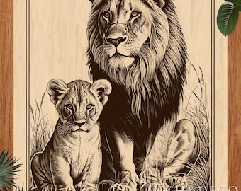 Lion and Cub Laser Burn PNG, Wildlife Etching File, Rustic Cutting Board Design, Engraving Wood File, Glowforge CNC Ready, cnc laser design