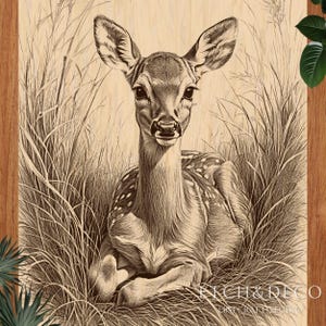 May include: A wood-burned artwork of a fawn resting in long grass. The fawn is rendered with detailed shading, highlighting its spotted coat and attentive gaze. The art is set against a light wood background, with the text "RICH & DECO" visible.