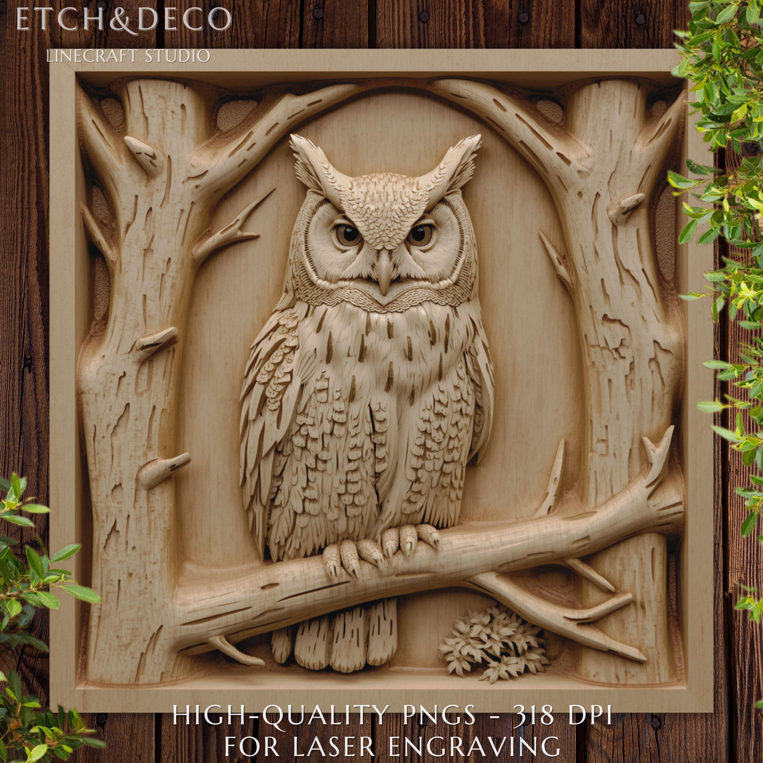 Owl on a Tree Branch, 3D Illusion File for Wood Laser Engraving PNG, Glowforge xTool LightBurn Ready