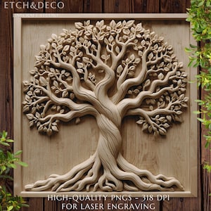 May include: A light-coloured wooden carving of a tree with a thick trunk, branches, and leaves. The tree is centered on a wooden panel with a frame. The text "HIGH-QUALITY PNGS - 318 DPI FOR LASER ENGRAVING" is at the bottom.