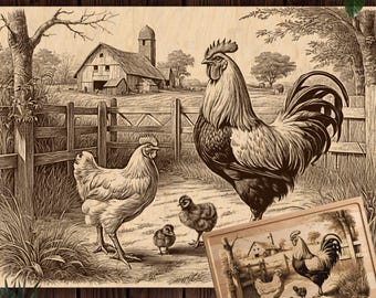Chicken Yard Laser Engraving File, Charcuterie Board PNG, Rustic Cutting Board Design, Glowforge File, xTool PNG, CNC for Wood Etching file