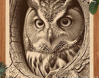 Great Horned Owl in Forest Laser Engraving PNG, Forest Wildlife Wood Burn File, PNG for CNC Etching Glowforge Ready Design Rustic Bird Decor