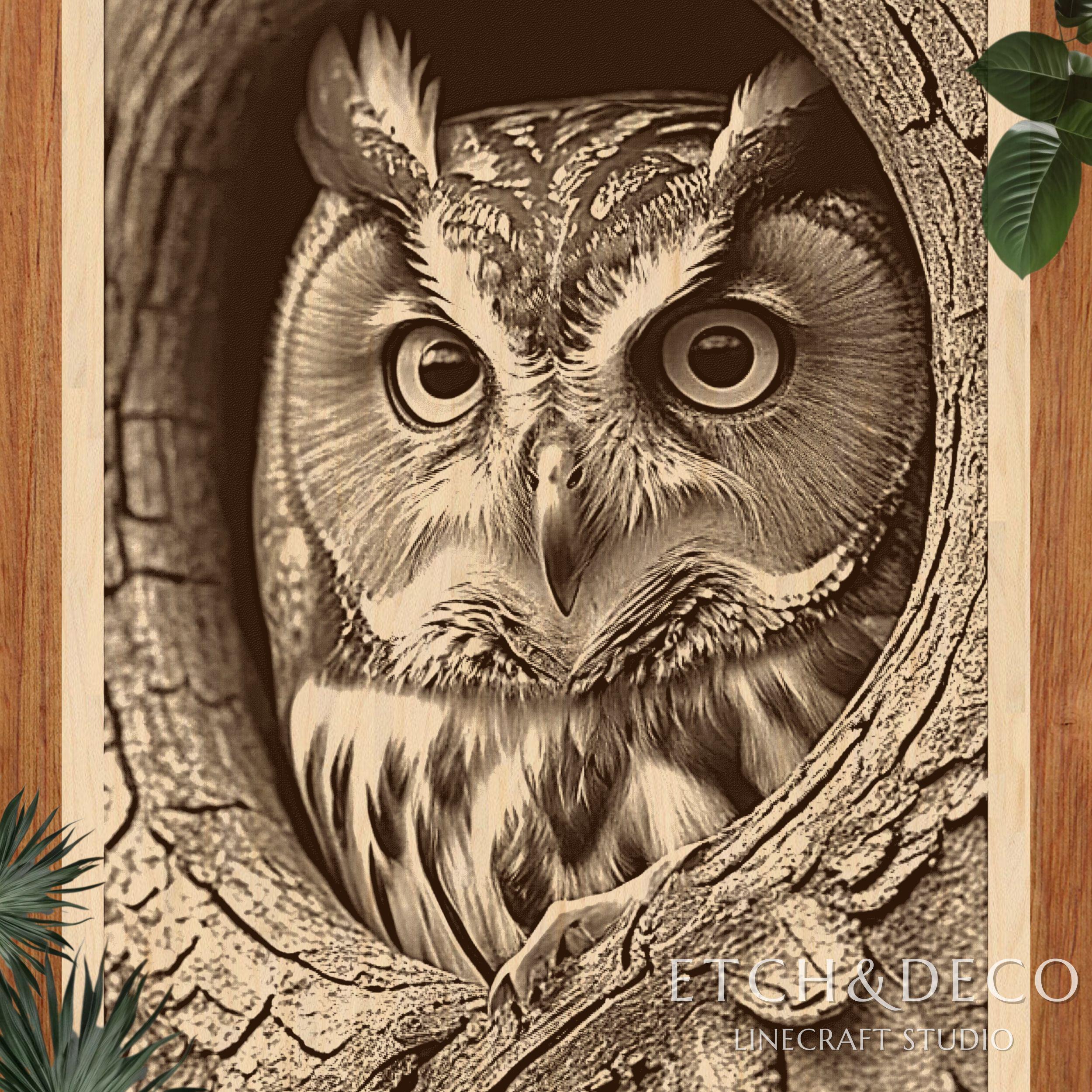 Great Horned Owl in Forest Laser Engraving PNG, Forest Wildlife Wood Burn File, PNG for CNC Etching