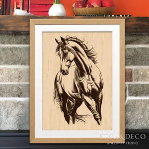 May include: A framed artwork featuring a detailed line drawing of a horse in motion. The horse is depicted in shades of brown against a light wood-grain background. The artwork is encased in a light brown wooden frame with a white mat.